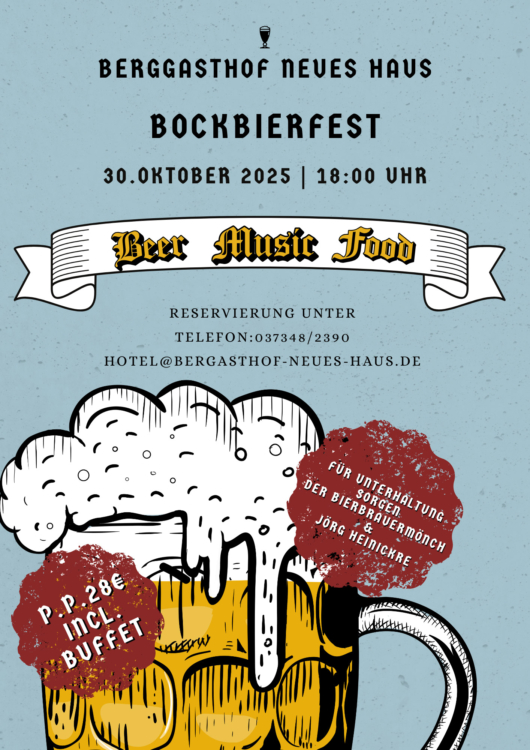 Flyer für ein Bockbierfest. Ein gemaltes Glas Bier und Text auf blauem Hintergrund