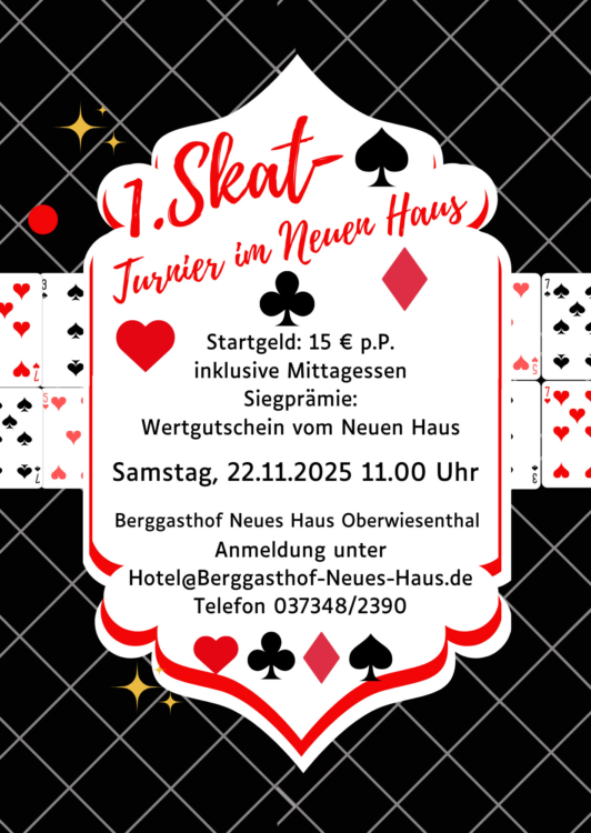 Flyer für ein Skatturnier. Schwarzer Hintergrund mit weißen karierten Strichen. Dazu ein paar Spielkarten und Text.