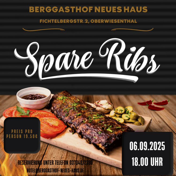Flyer für ein Spare-Ribs-Angebot mit Abbildung eines Stückchen Fleisches mit Gemüse