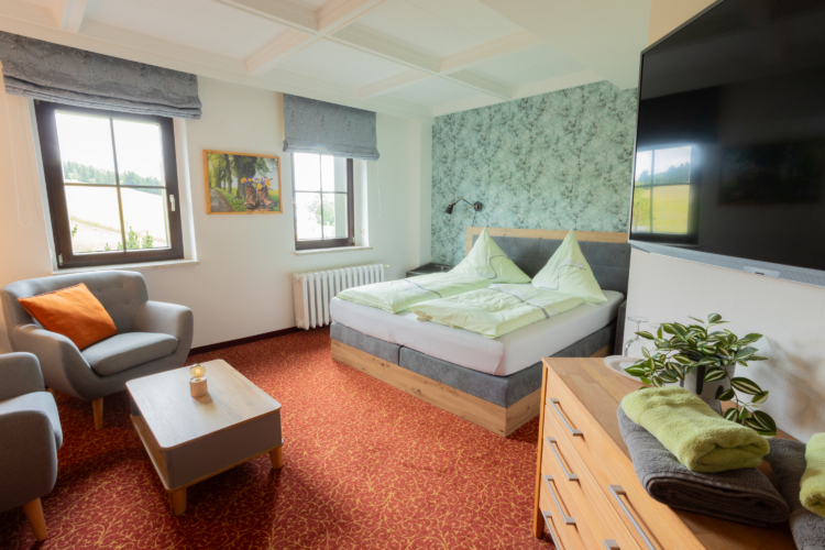 Ein Raum mit zwei Sesseln und einem Doppelbett. Es ist weiterhin ein roter Teppich, ein Holztisch, eine Kommode und ein TV zu sehen.